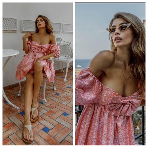 SAU LEE Arabella Mini Dress in Candy Pink Jacquard Floral Bow Puff Sleeve US 8 - Picture 2 of 9